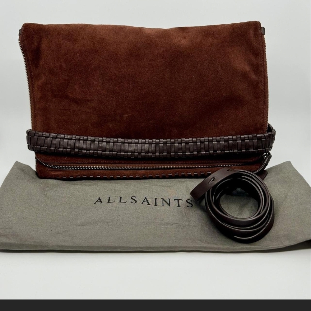 All Saints Brown Suede Fold-Over Crossbody Bag